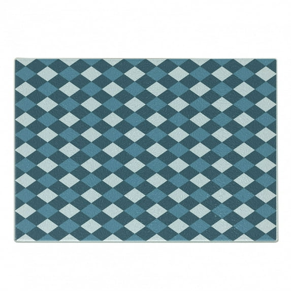 Blue and White Cutting Board, Mosaic Design Checkered Rhombuses Grid Gingham Plaid Pattern, Decorative Tempered Glass Cutting and Serving Board, Small Size, Slate Blue White, by Ambesonne
