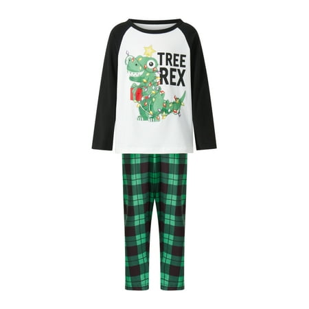 

Gureui Matching Family Christmas Pajamas Set Long Sleeve Cute Cartoon Dinosaur Letter Print T-Shirt + Plaid Pants Sleepwear Set