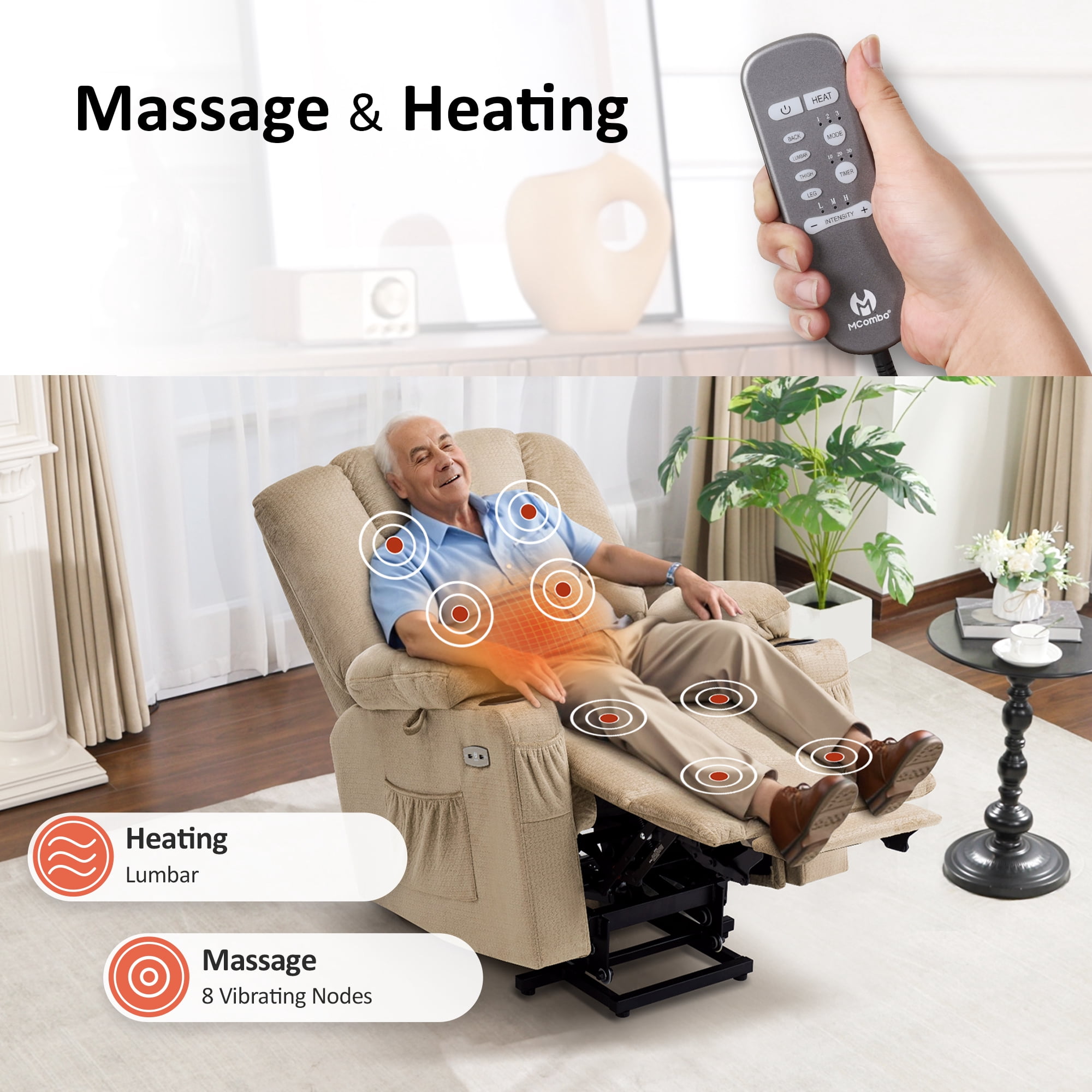 MCombo Oversized Power Lift Recliner Chair with 27.2'' Extra Wide Seat for Big and Tall Elderly People, Fabric R7541 (Beige, Large-Wide)