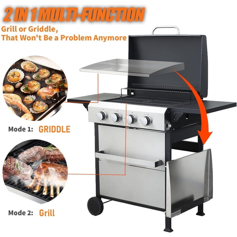 4-Burner Propane Gas Grill with Griddle Grill and Wire Enamel Grids, 49200 BTU Stainless Steel Outdoor BBQ Gill with Foldable Side Table and Hanging Basket for Backyard Barbecue