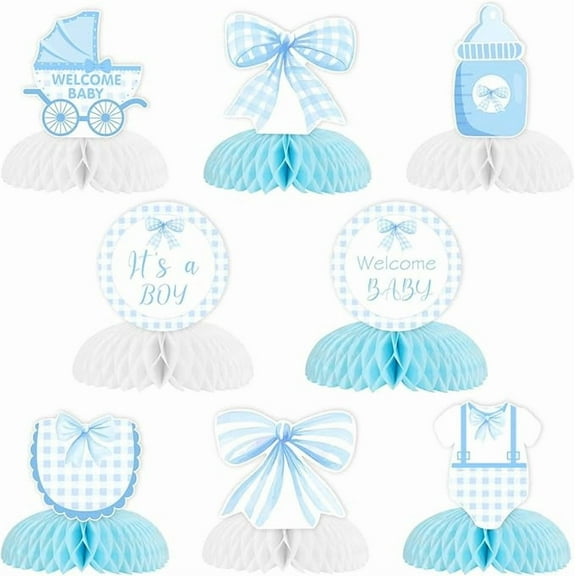 8PCS Blue Bow Baby Shower Decorations Blue Bow Honeycomb Centerpieces Bow Baby Shower Table Centerpieces Blue Bow It’s a Baby Decorations Gingham Baby Shower Party Supplies