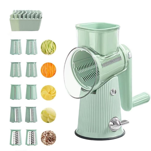 Rotary Cheese Grater with Handle - Vegetable Shredder with 10 Well-designed Blades & Strong Suction Base,Round Mandoline Slicer & Food Chopper for Kitchen,with Blade Storage Box(Green)