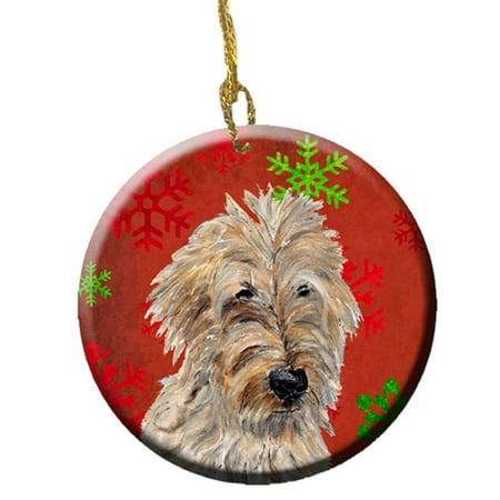 Holiday Doodles - Golden Doodle 2 Red Snowflakes Holiday Ceramic Ornament