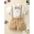 thumbnail image 2 of Wassery Baby Boys Gentleman Outfit Solid Color Short Sleeve Shirts Jumpsuit with Bow Tie+Overall Pants Set 3 6 9 12 18 Months Infant Boys Summer Clothes, 2 of 9