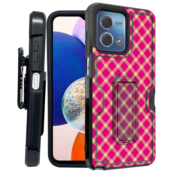 ANJ  Rugged Shockproof Kickstand Hybrid Case with Card Slot and Holster   Tempered Glass Cover for Motorola Moto G Stylus 5G (2023) - Hot Pink Plaid