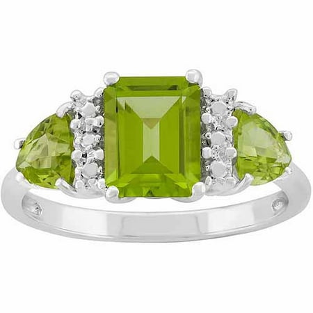 Peridot Sterling Silver Side Trillions and Emerald-Cut Center Three-Stone Ring