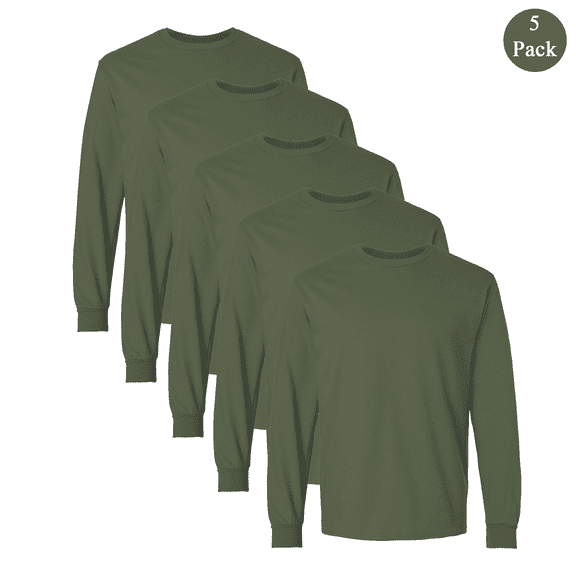 Gildan Men's Ultra Cotton Long Sleeve T-Shirt, Crew Neck Military Green Bulk Durable Tee 5-Pack, S