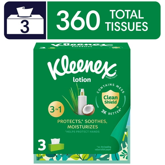 Kleenex Lotion Facial Tissues with Coconut Oil, 3 Flat Boxes, 120 Tissues per Box, 3-Ply