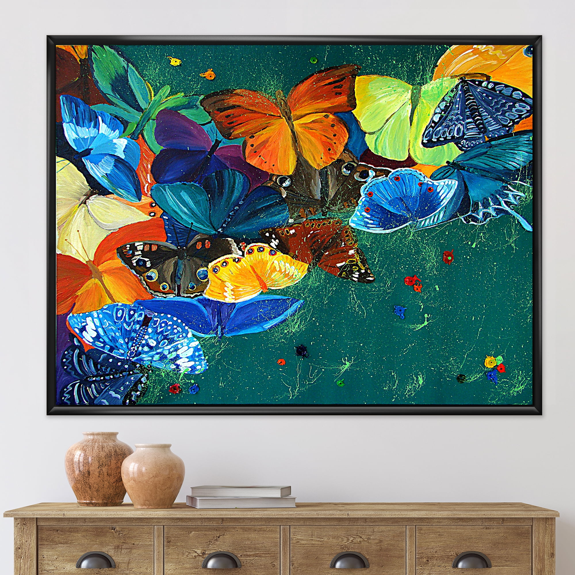 Abstract Colour Butterflies On A Gree 40 in x 30 in Framed Painting Canvas Art Print, by Designart