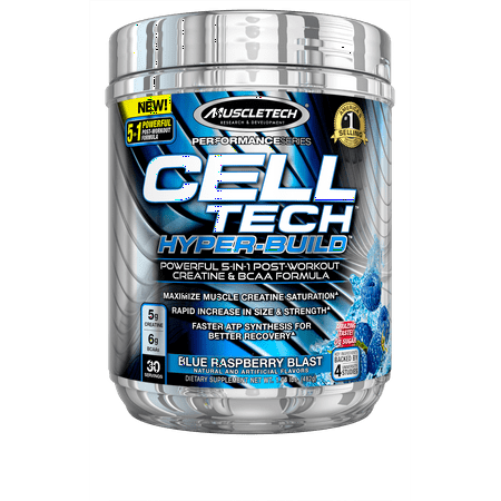 Cell Tech Hyperbuild Post Workout Recovery Drink Powder with Creatine and BCAA Aminos, Blue Raspberry Blast, 30