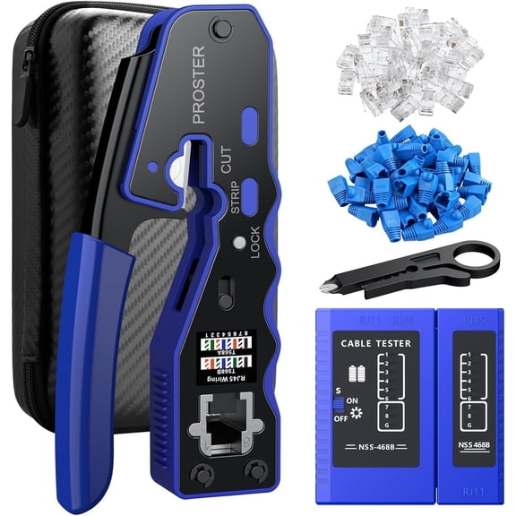 Proster RJ45 Crimper Tool - Stripper Cutter Crimper Tool for RJ45 Cat6 Cat5 Cat5e Pass-Thru Connectors with 50pcs Cat6 Pass Through Connectors & Protection Covers, 1pcs Wire Stripper