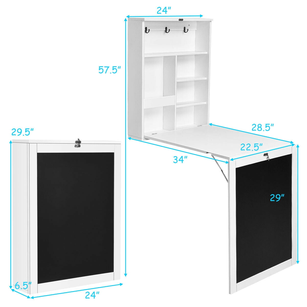Gymax White Wall Mounted Table Fold Out Convertible Desk with A Blackboard/Chalkboard