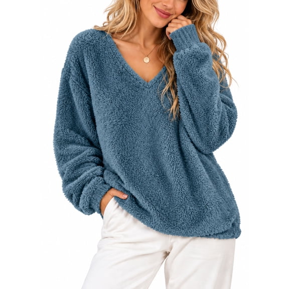APEXFWDT Plus Size Sherpa Lined Top S-5X Women's Warm Fleece Pullover Fall Winter Soft V-Neck Casual Sweatshirt