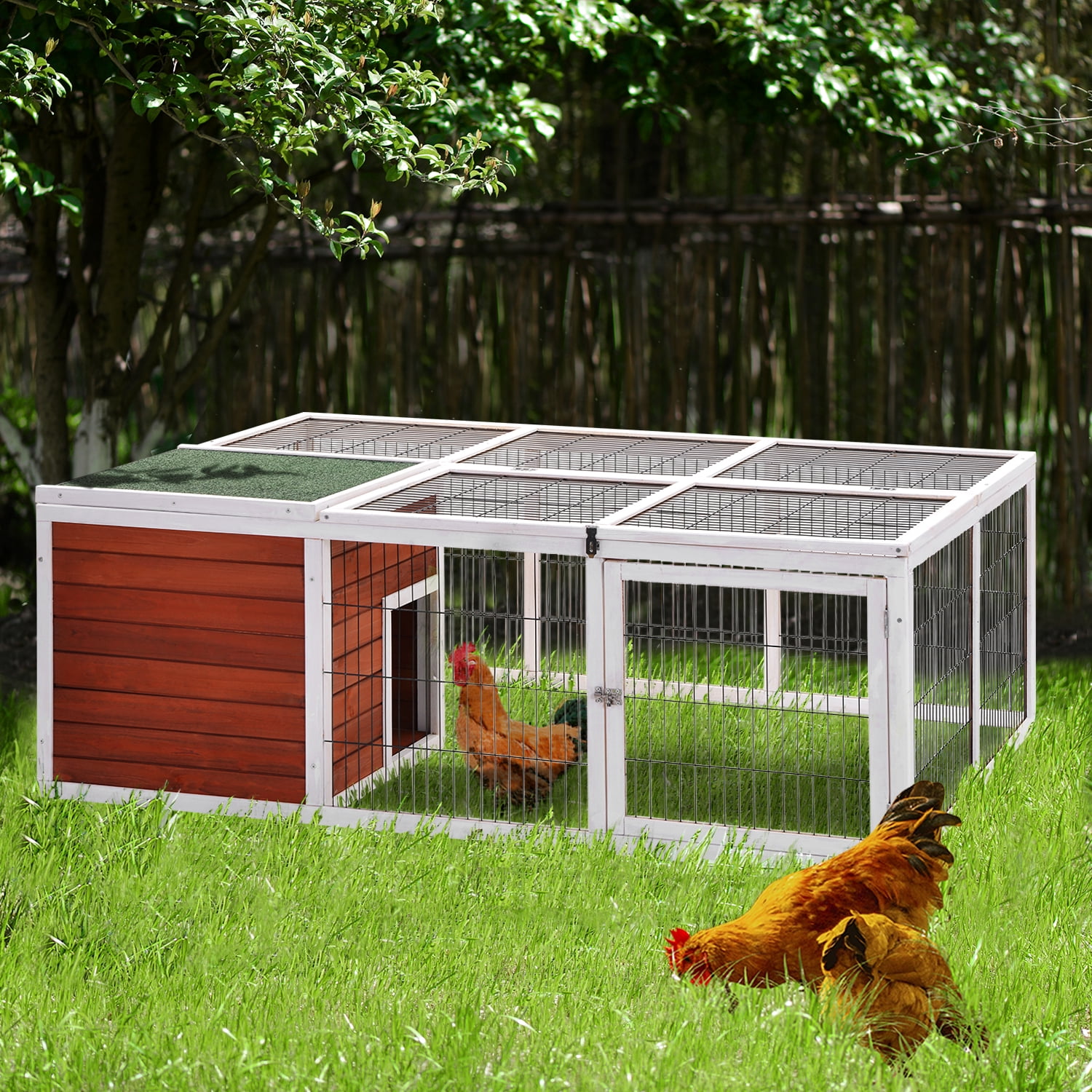 123.6 Chicken Coop Hen House with Nesting Boxes Wooden Small Animal Cage for Chicks Outdoor Rabbit Hutch Bunny Cage with 2 Run Play Area Waterproof Roof & Pull Out Tray Auburn Ramps 
