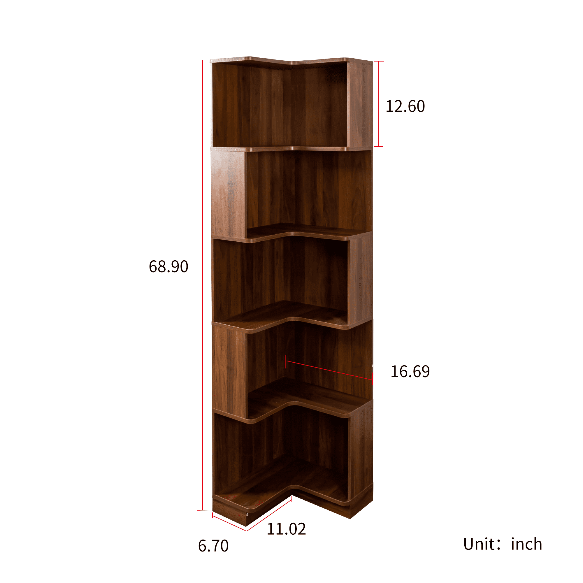 Aukfa 5-Tier Corner Bookshelf, Wooden Corner Bookcase with Storage Shelves, Space Saving Shelving Unit,Walnut