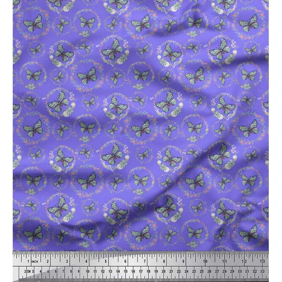 Soimoi Purple Cotton Poplin Fabric Wreath & Butterfly Printed Craft Fabric by the Yard 42 Inch Wide