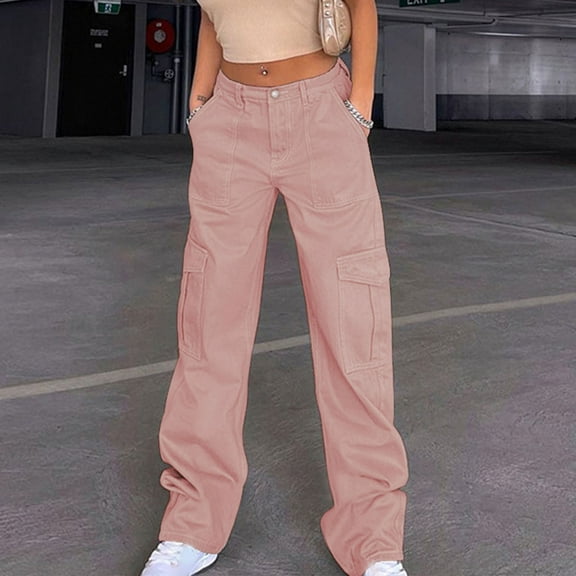 Puntoco Pants for women Cargo Pants for Women High Waisted Casual Pants Baggy Stretchy Wide Leg Y2K Streetwear with 6 Pockets Pink 10(XL)
