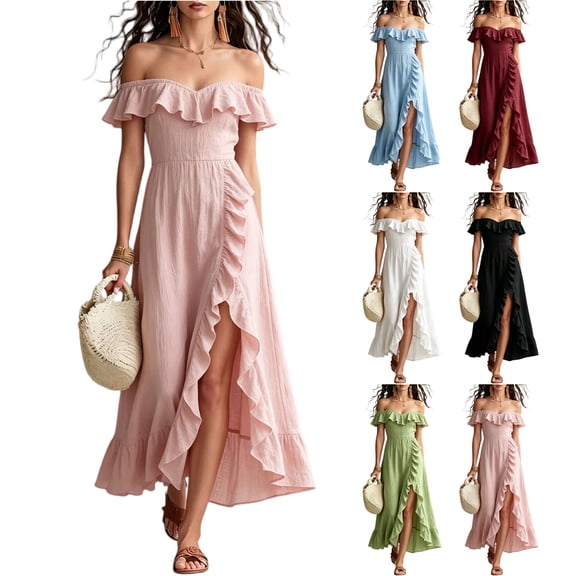 UDAUDU Off The Shoulder Dress for Women 2026 Bridesmaid Dresses Spring Summer Wedding Guest Gowns Ruffle Neck Prom Dress with Slit Pink 2XL