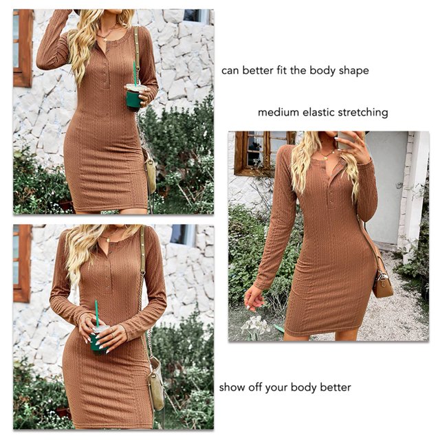 Robe Moulante pour Femmes, Robe Décontractée Élastique à Manches Longues Col Rond à Boutons à la Mode pour Usage Quotidien Marron L