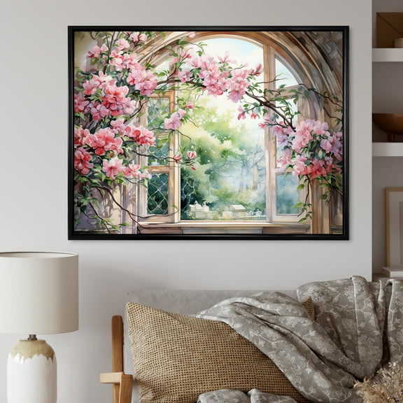 Designart "Gazing through Country Window at Pink Blossoms IV" Floral Framed Wall Art - Traditional Pink Window Hallway Framed Wall Art Decor