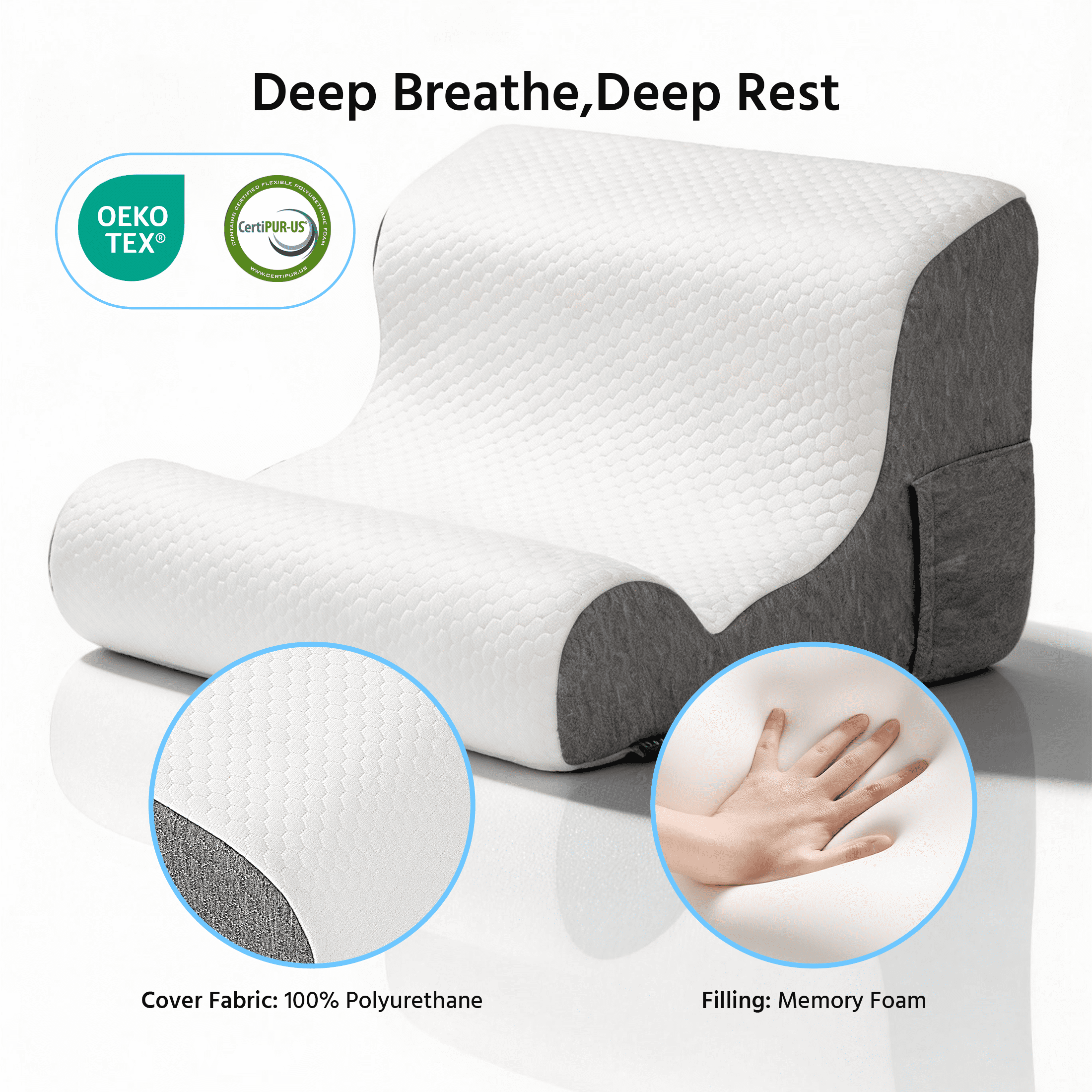 ORFELD Wedge Pillow for Sleeping,Resting,Back Pain Relief and Post Surgery,Memory Foam Cushion with Grey and White Patterned Polyester Cover, Ideal for Bedroom & Living Room,White