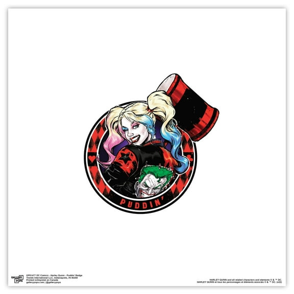 Gallery Pops DC Comics Harley Quinn - Puddin' Badge Wall Art, Unframed Version, 12" x 12"