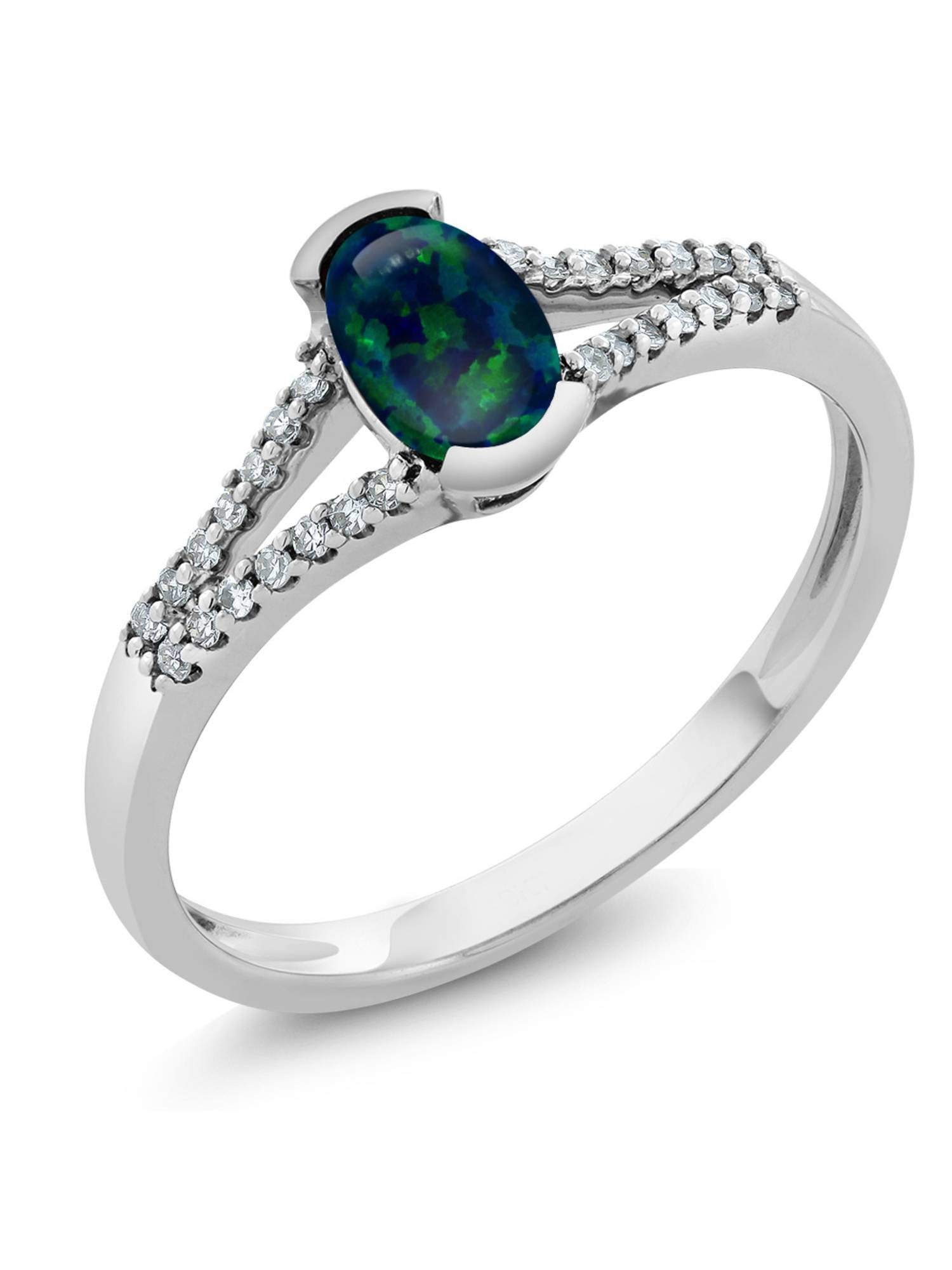 0.50 Ct Oval Cabochon Green Simulated Opal and Diamond 10K White Gold Ring by