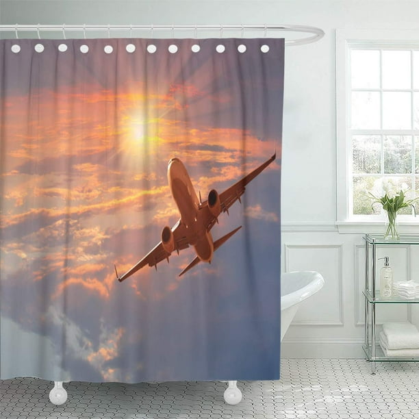 Cynlon Blue Airplane Passenger Plane Fly Down Over Take Off Bathroom Decor Bath Shower Curtain 60x72 Inch Com Blue Airplane Passenger Plane Fly, Airplane Shower Curtain Hooks