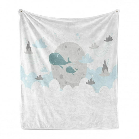 Scandinavian Soft Flannel Fleece Throw Blanket, Underwater Whales with Moon and Castles on Clouds, Cozy Plush for Indoor and Outdoor Use, 50" x 60", Pale Grey Pale Blue Teal, by Ambesonne