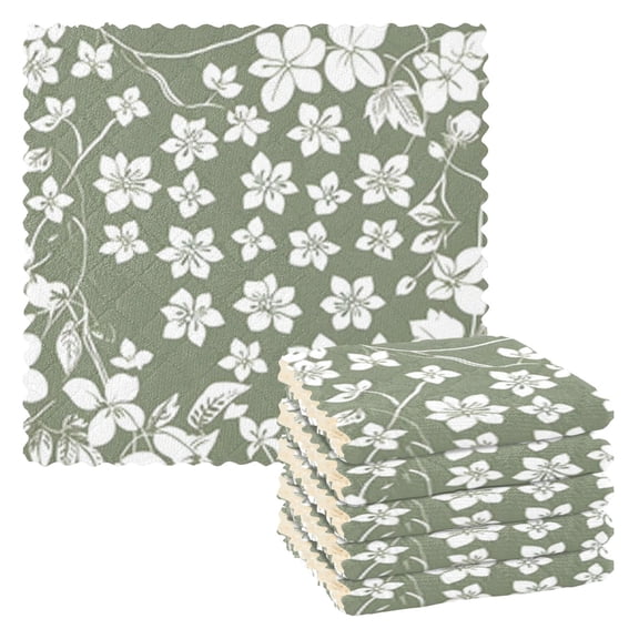 Olive Green with White Flowers Kitchen Cloth Dish Towels for Drying Washing Absorbent Dish Rags Reusable soft kitchen dishcloth set 6 Pack