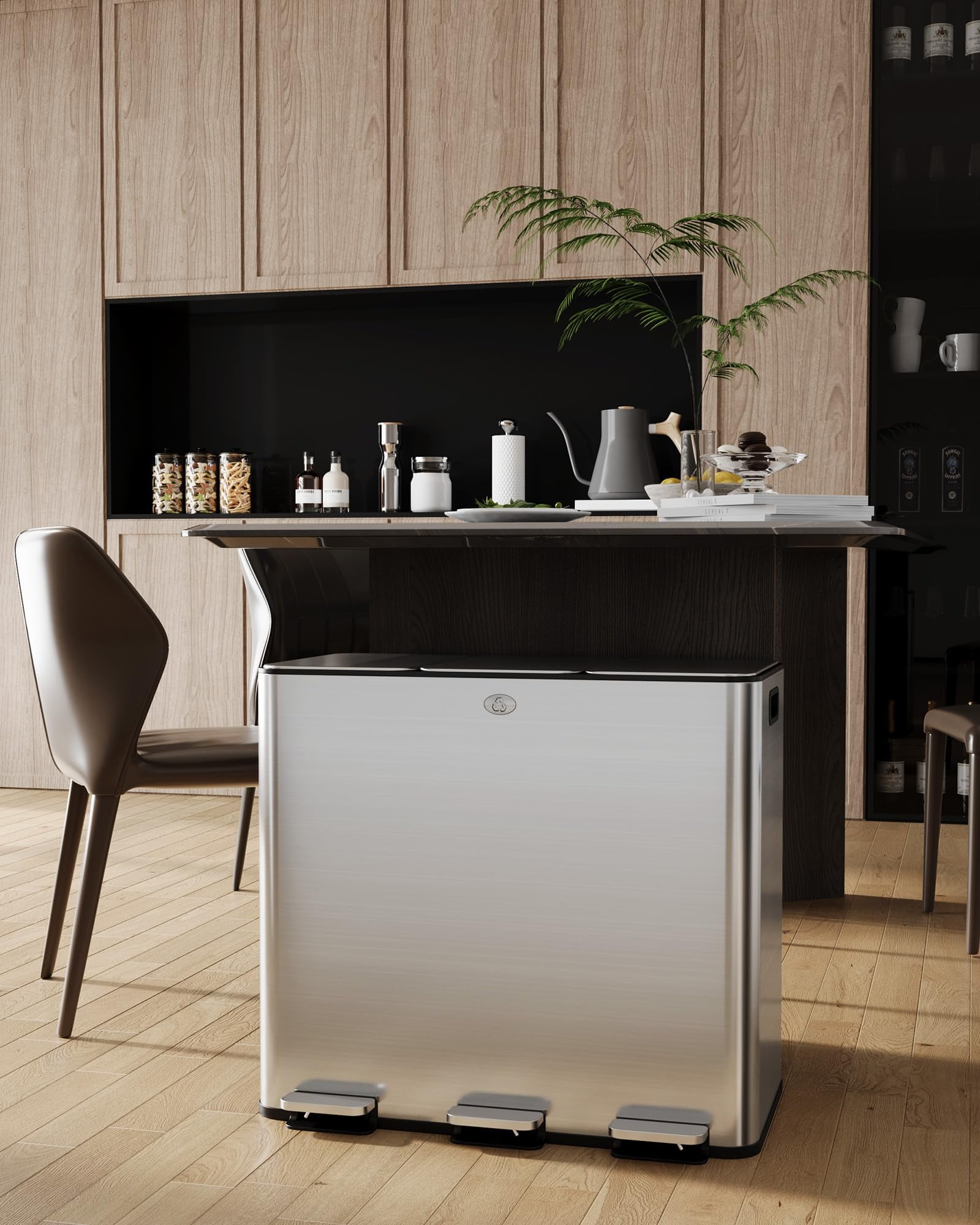 3 x 8 Gallon Kitchen Trash Can,Triple Trash Can with Lid 90 Liters,Stainless Steel 3 Compartment Trash and Recycle Bin Combo with Separated Lid and Foot Pedal Trash Can,Silver,24 Gallon Total