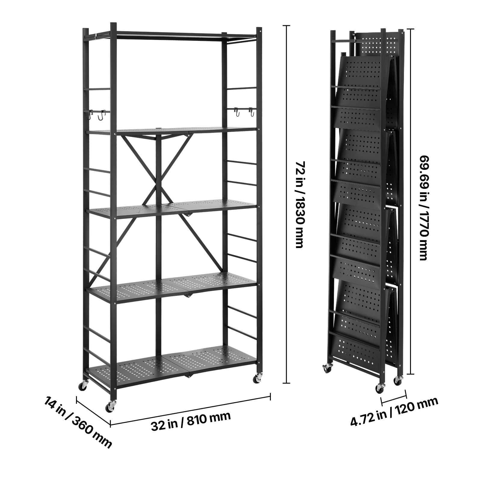 VEVOR 5-Tier Foldable Storage Shelf, 32W x 14D x 72H Inch Folding Metal Rack Shelving Unit, No Assembly Organizer Shelf with 5 Wheels & 4 Hooks for Pantry, Kitchen, Garage, Basement, Black
