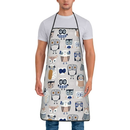 

Chef Aprons for Men and Women - Quirky Doodle Owl Grey Oil-Resistant Bib Aprons for Cooking Waterproof BBQ Grilling Kitchen Aprons Gifts for Women and Men