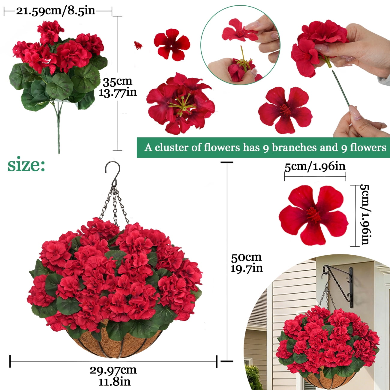 2 Sets of Outdoor Artificial Geranium Flowers with Hanging Baskets, 12Pcs of Red Geranium Fake Flowers, Christmas Front Porch Garden Terrace Home Decoration (2, Red)