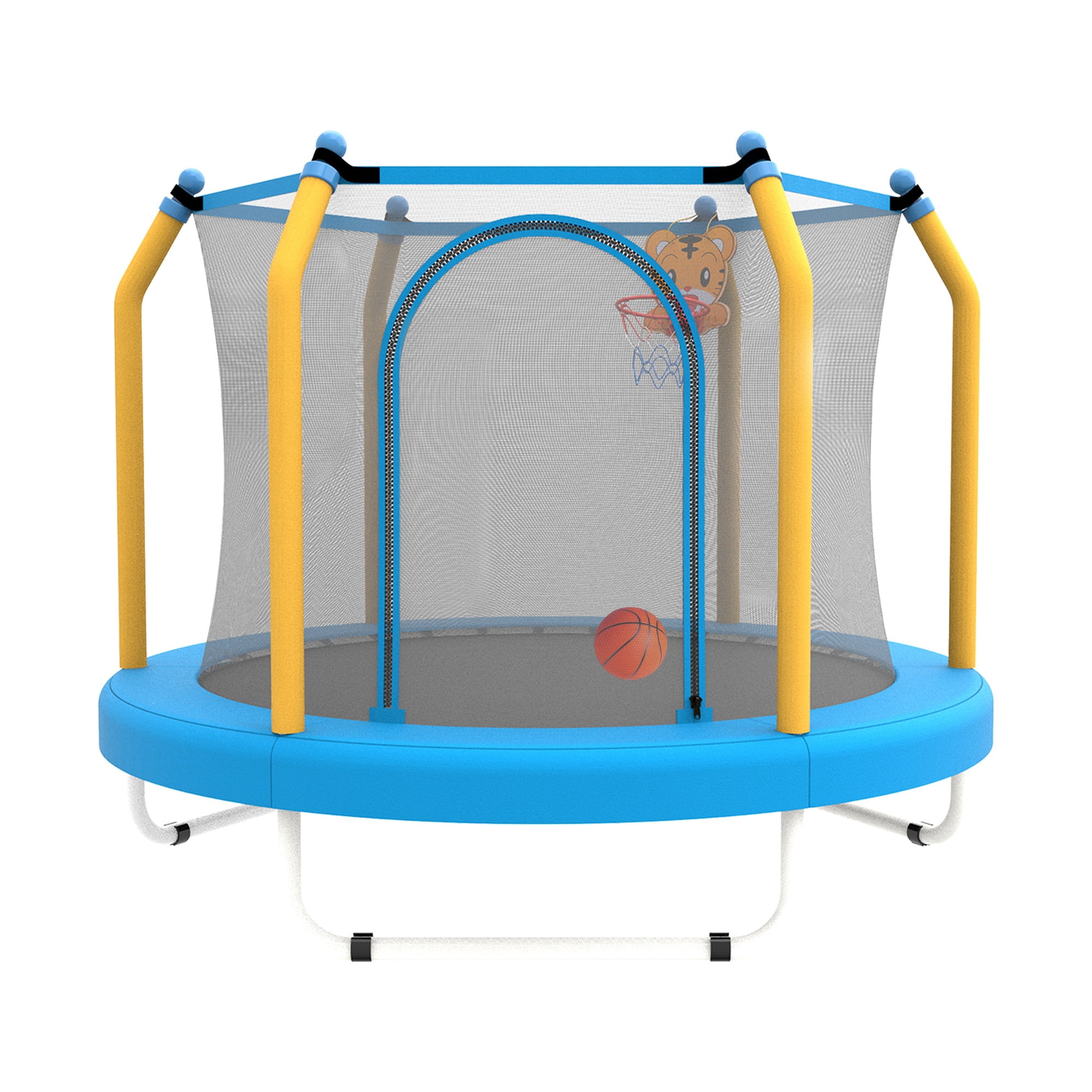 BTMWAY 55" Toddler Trampoline with Safety Enclosure Net, Trampoline Indoor & Outdoor, Mini Trampoline for kids 1-8 with Basketball Hoop, Ball and Thick Foam Protection, Birthday Gifts for Boy & Girl