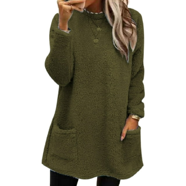 LUXUR T-Shirt en Molleton Doux pour Femmes, Ample, Vert Armée, TG