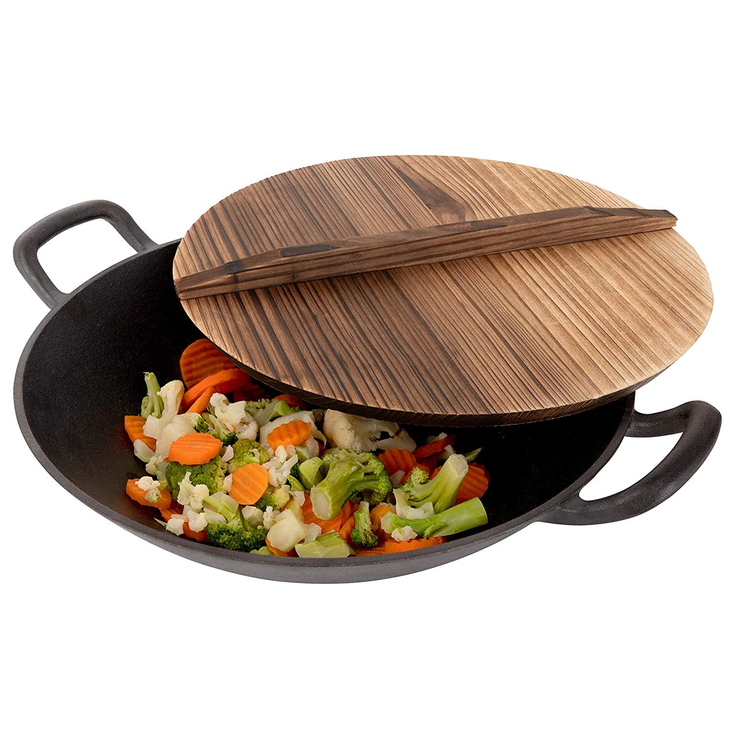 Homeries Pre Seasoned Cast Iron Wok with 20 Handles and Wooden Lid 20  Inches   For Authentic Asian, Chinese Food