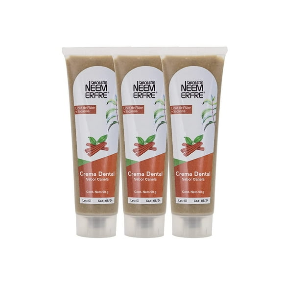 Crema Dental Sin Fluor Bienestar NEEM ERFRE Paquete de 3 Sabor Canela 90GR c/u