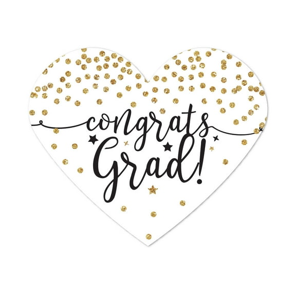White and Gold Glittering Graduation, Heart Label Stickers, Congrats Grad!, 75-Pack