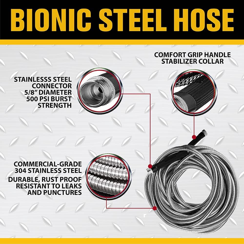 Premium 25 Ft Metal Garden Hose with Nozzle, 304 Stainless Steel, Kink , Lightweight, Heavy Duty