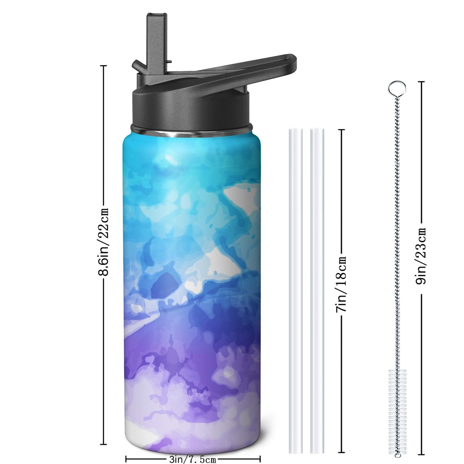 18oz Insulated Water Bottle with Straw & Cleaning Brush, Wide Mouth Stainless Steel Flask, Watercolor Splatter Painting Print