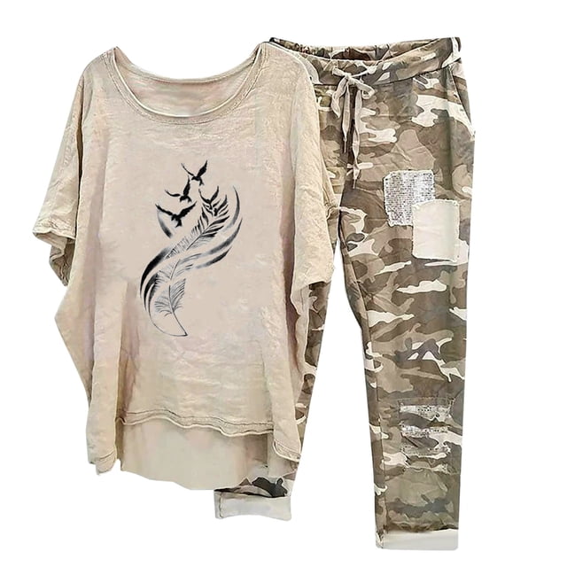 Hauts à Manches Courtes pour Femmes Ensemble Chemise + Pantalon Imprimé Col Rond Manches Courtes pour Femmes