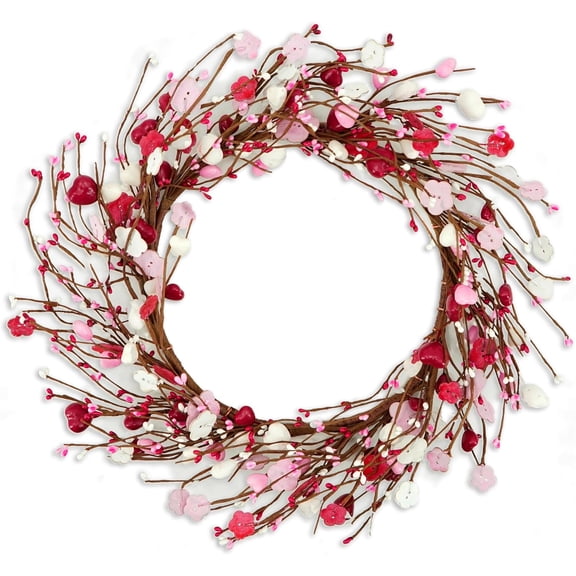 18" Valentine's Day Wreath for Front Door Heart Shaped Berry Wreath with Wooden Floret,Berry for Front Door Indoor Outdoor Wedding Anniversary Party Home Wall Window Festival Decoration