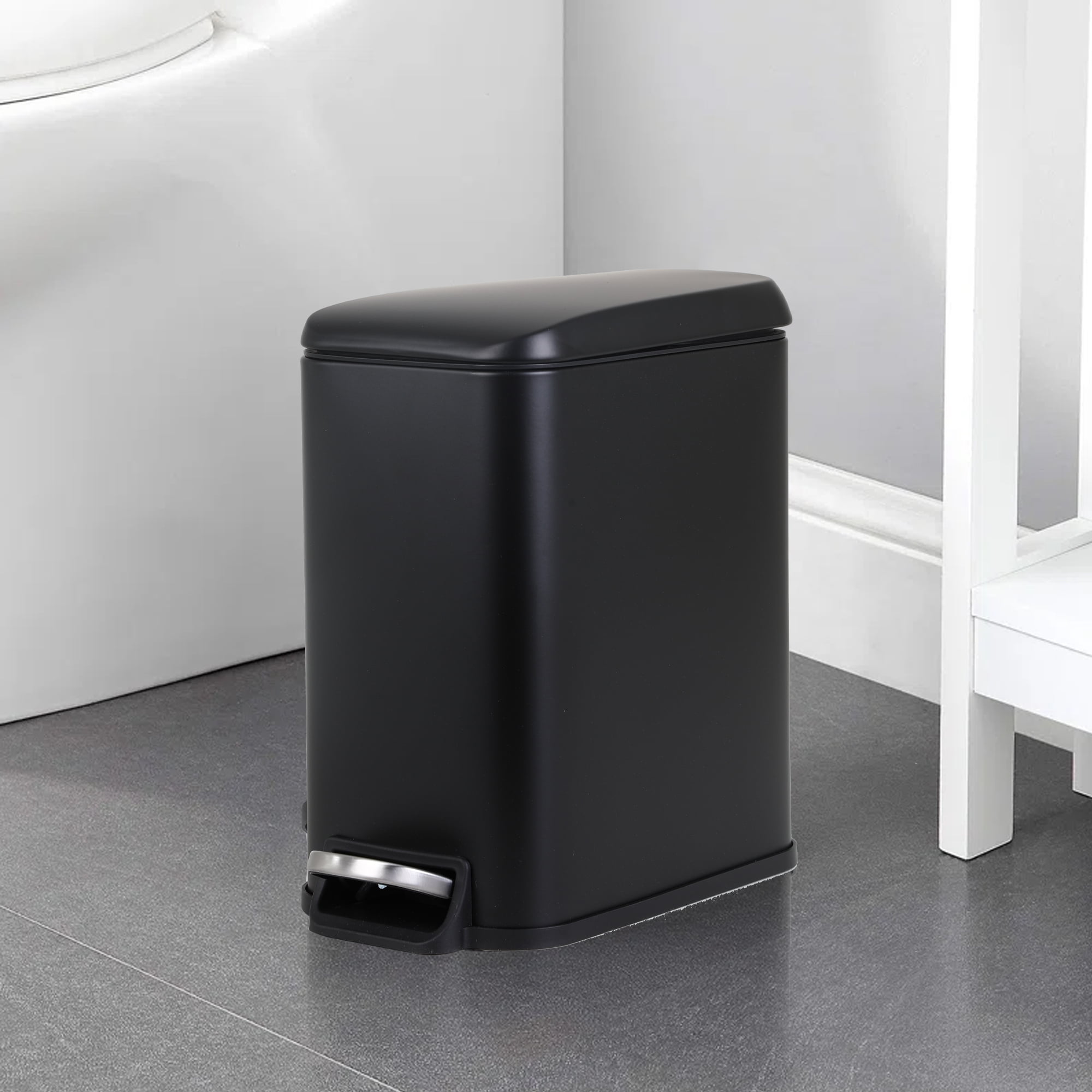 CL.HPAHKL Small Bathroom Trash Can with Soft Close Lid, 1.3 Gallon Stainless Steel Garbage Can with Removable Inner Bucket, Foot Pedal, Mini Trash Bin for Toilet, Home Office (Black, 2 Pack)