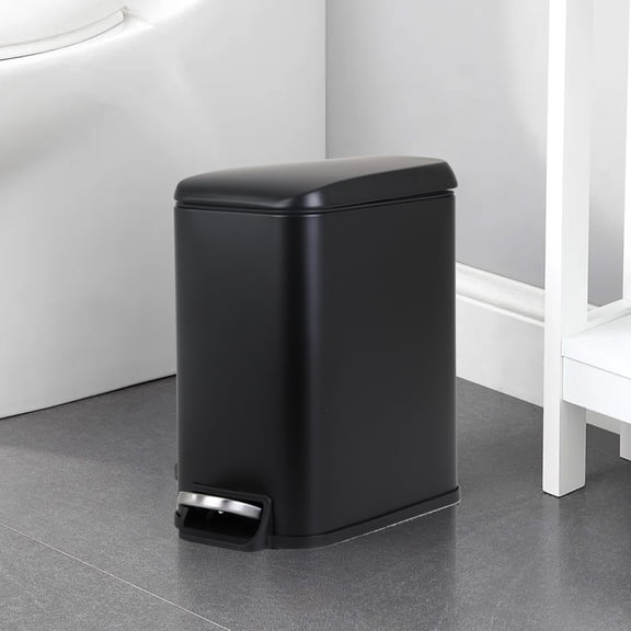 CL.HPAHKL Small Bathroom Trash Can with Soft Close Lid, 1.3 Gallon Stainless Steel Garbage Can with Removable Inner Bucket, Foot Pedal, Mini Trash Bin for Toilet, Home Office (Black)