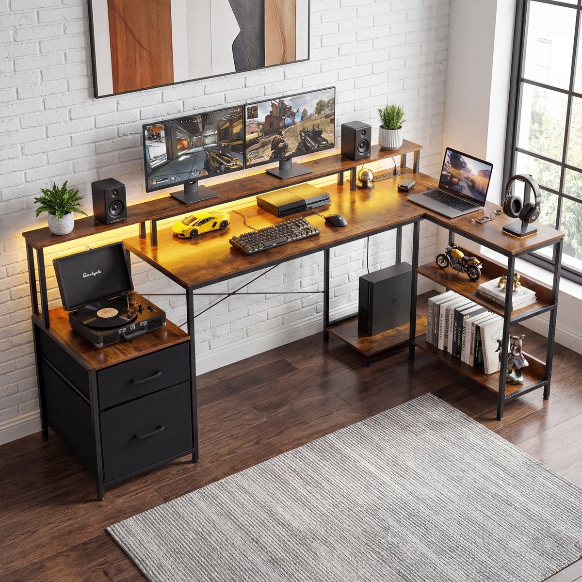 JIOABL Reversible L-Shaped Office Desk with Power Outlet, LED Light, Storage Drawer & Bookshelf, Rust