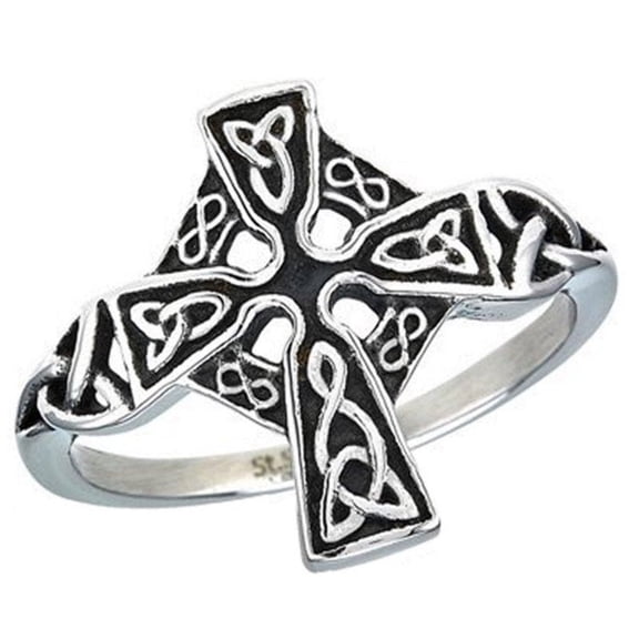 Celtic Cross Ring Silver Stainless Steel Trinity Knot Crucifix Band
