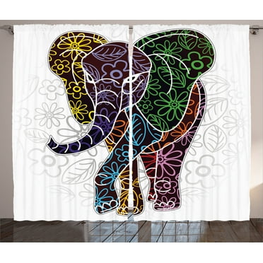 Ambesonne Animal Curtains 2 Panel Set, Floral Tribal Shapes, 108" x 90", Multicolor