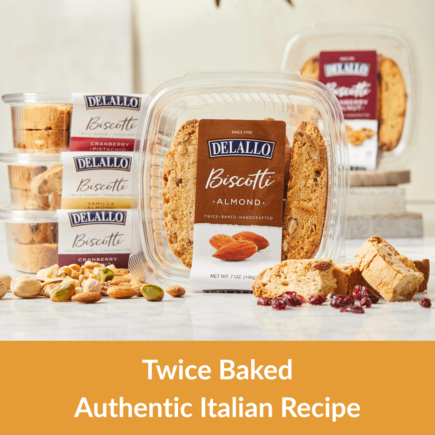 DeLallo Almond Biscotti Cookies, Non-GMO, 7 oz Container, (4 Pack)
