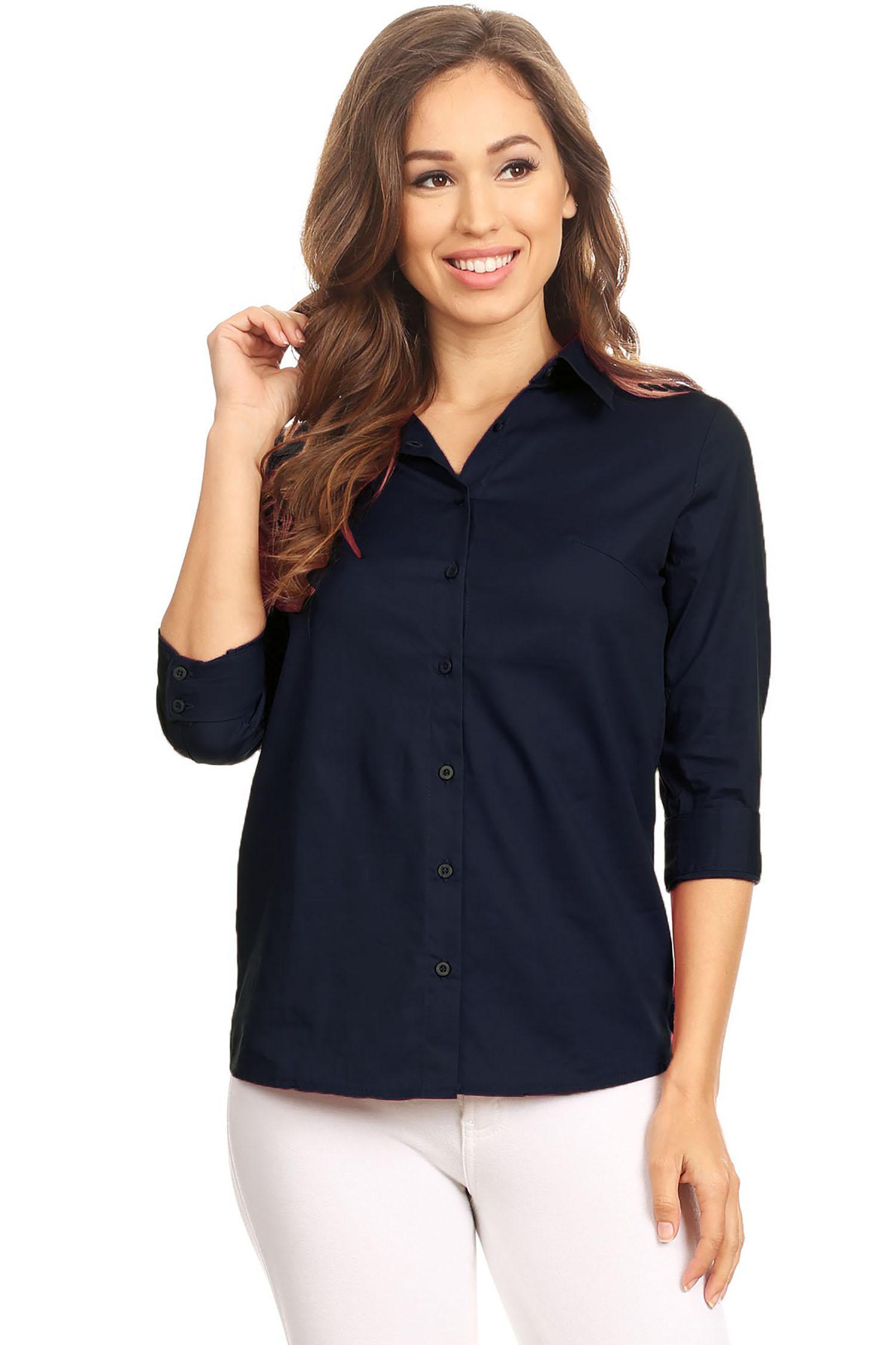 Moa Collection - Women's Solid Casual Slim 3/4 Sleeve Button Up Front ...